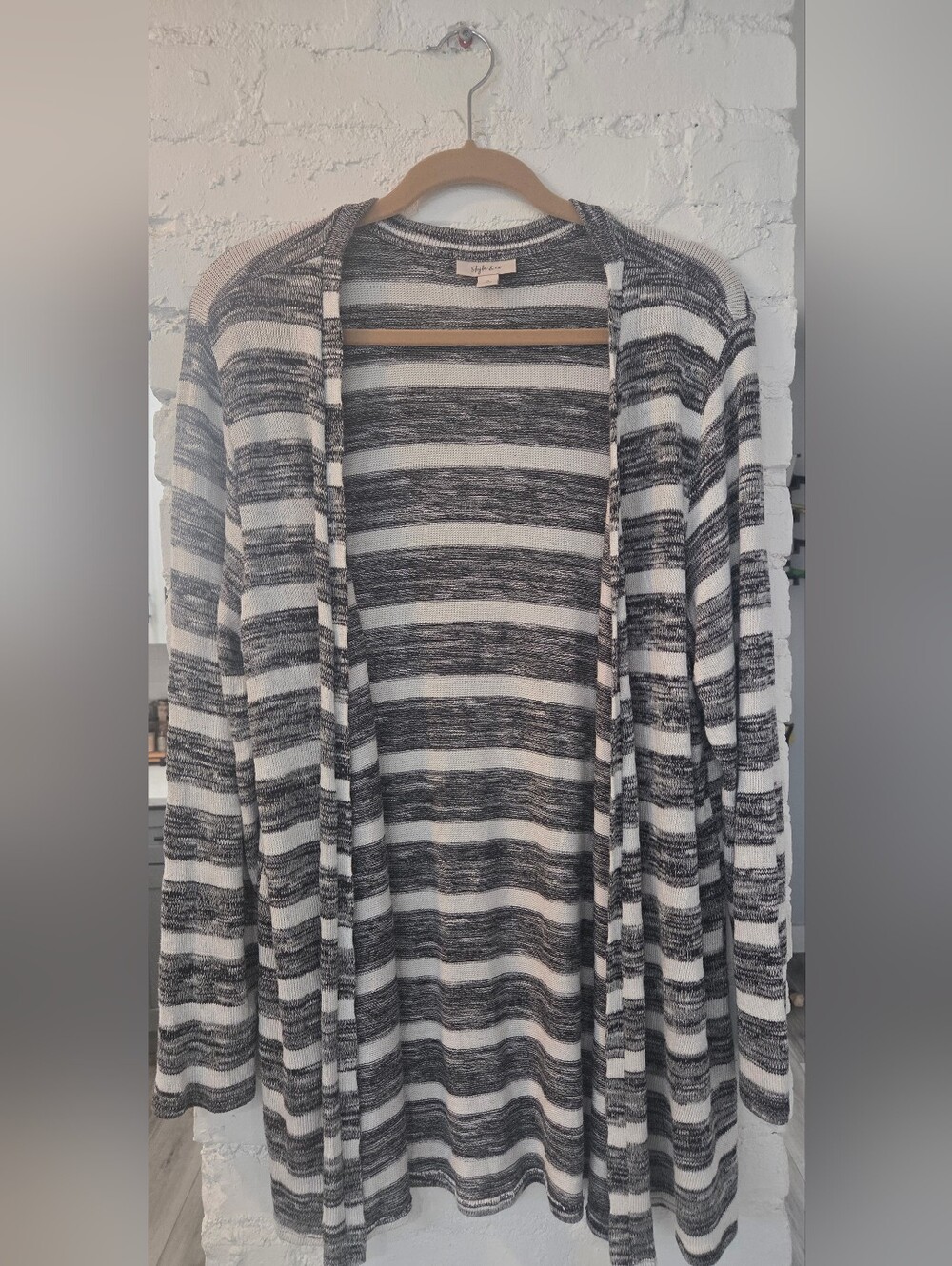 Style & Co. Black and White Striped Open-Front Cardigan